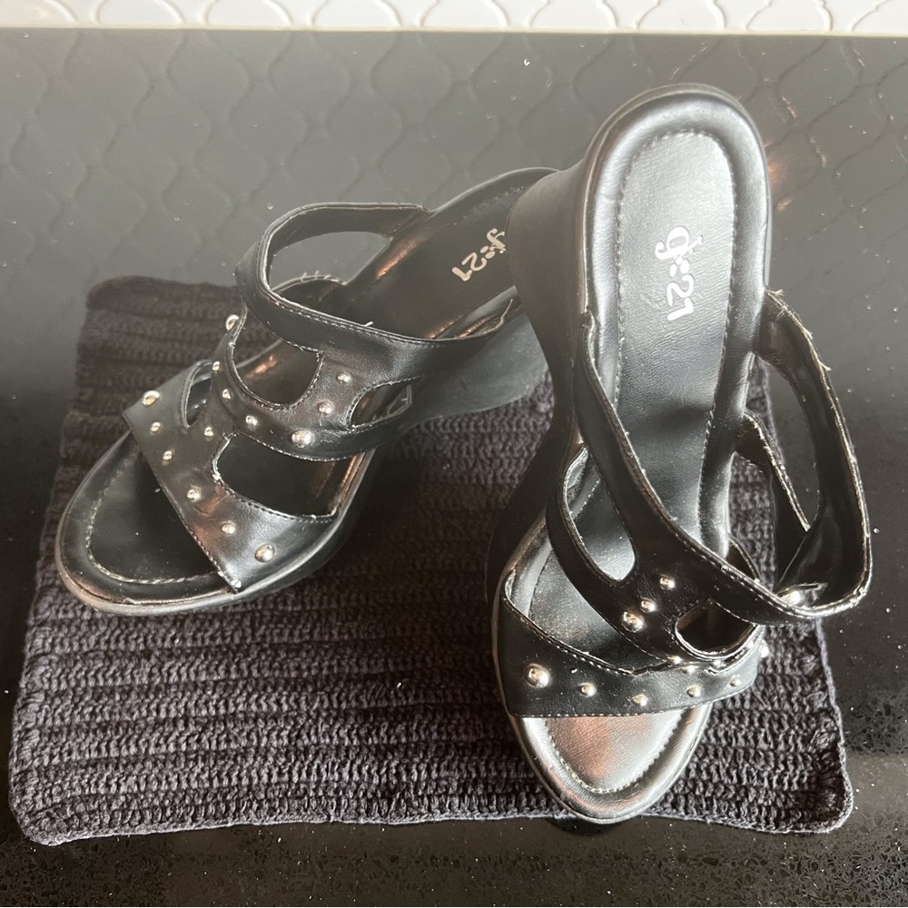 Size 6-1/2, black wedge sandals